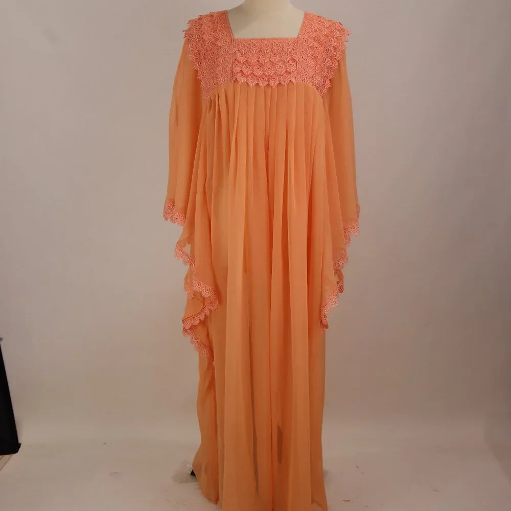 🌺 Vtg Apricot Peach Long Chiffon Lace Caftan Dress Nightgown Lounger Hostess L - Picture 2 of 8